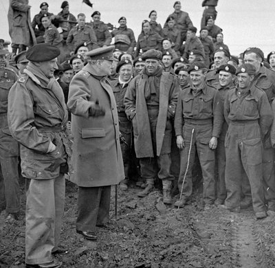 Sir Winston Churchill and Field Marshall Bernard Montgomery visiting men of the 79th Armoured Division after the Rhine crossings, March 1945 by English Photographer